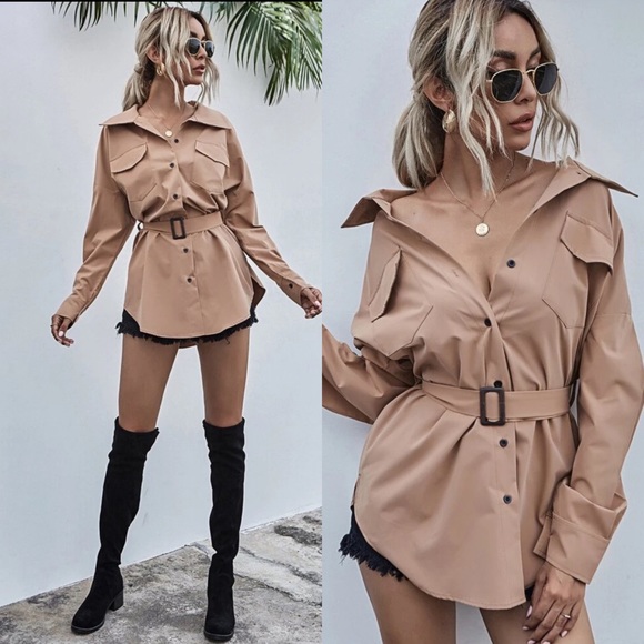 Button Detail Belted Long Sleeve Shirt- KHAKI - Picture 4 of 10